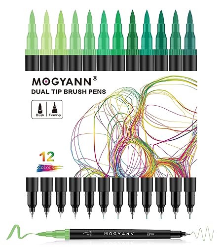 Green Markers for Coloring, Drawing Pens 12 Pack | Dual Tip, Brush Pens, Ideal for Artists, Calligraphy, Sketching - color: Green