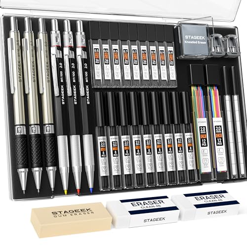 STAGEEK 34PCS Mechanical Pencil Set with Case, 0.5, 0.7, 0.9 ＆ 3PCS 2mm | Drawing Pencils with 384PCS Lead Refills (6B 4B 2B HB 2H 4H Color), Erasers, Sharpeners, Artist Pencil for Sketching Drafting - style: 0.5, 0.7, 0.9, 2MM