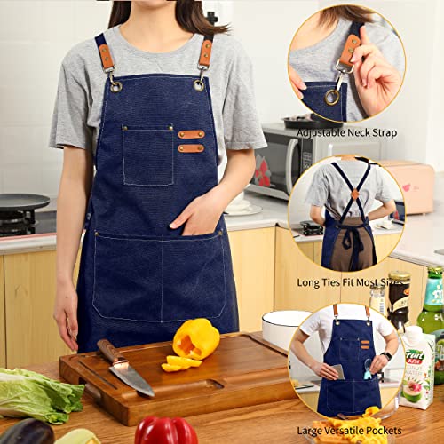 Tosewever Canvas Cross Back Chef Cotton Aprons for Men Women with Large Pockets - color: Blue