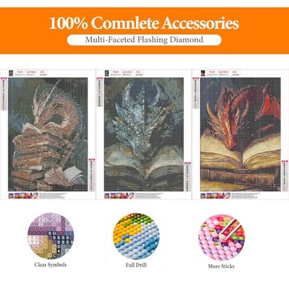 GOUOYANA Dragon Diamond Art Kits for Adults-3P Magic Book Diamond,Wall Art | Round Drill Dragon And Book Diamond Painting for Beginners DIY Rhinestone 5D Diamond dots(Gemstone Craft)Wall Art Gift12x16IN - color: DP01967