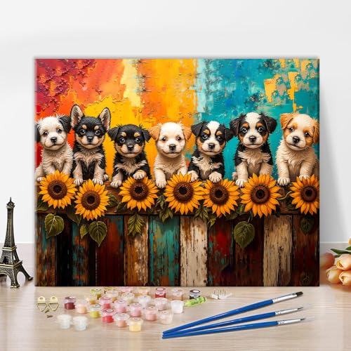 TUMOVO Animal Adult Paint by Number Kit Puppy on the Fence - color: Puppies