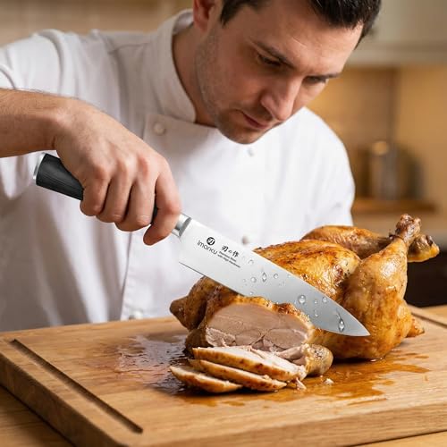 imarku 8 Inch Japanese SUS440A Stainless Steel Gyutou Chef Knife, Black | Ultra Sharp Kitchen Knife Blade, Smooth Polished Cutting Edge, Comfortable Pakkawood Grip, Premium Gift for Men and Women - color: Deep Black