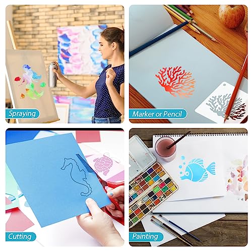 50 PCS Ocean Animal Painting Stencils Reusable Sea Stencils for Painting on Wood Rocks Canvas Fabric Glass Pottery 4x4 Inch - color: Ocean Animal