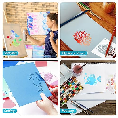 50 PCS Ocean Animal Painting Stencils Reusable Sea Stencils for Painting on Wood Rocks Canvas Fabric Glass Pottery 4x4 Inch - color: Ocean Animal