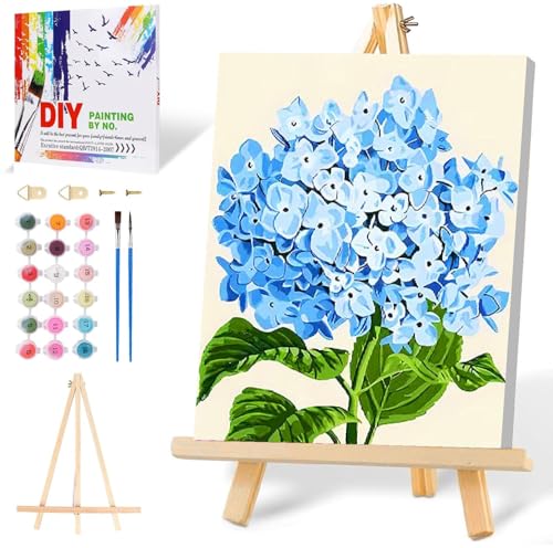 Mowana Paint by Numbers Kit for Adults - Hydrangeas Adult Paint by Numbers for Beginners on Canvas with Frame and Easel, Easy Acrylic Oil Painting by Number Kits 8x12 inch - color: Hydrangeas