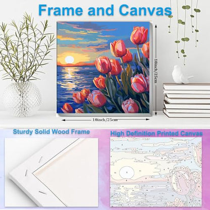 Artunion Framed Paint by Numbers Kit for Adults Beginners & Kids Ages 8-12,Sunset Tulip Flower Paint by Number with Frame,Floral Paint by Numbers Kit on Canvas 10 * 10 Inch Without Easel - color: ZXT-189-F