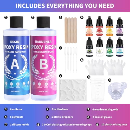 Minlebao Crystal Clear Epoxy Resin Kit 16oz, High Gloss Bubble-Free Coating & Casting for DIY Art, Jewelry Making, River Tables - 1:1 Ratio with Measuring, Silicone Mold and Usage Tools - size: 16OZ