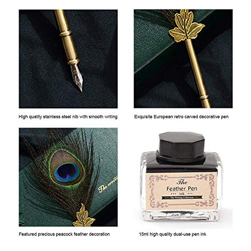 Peacock Feather Pen Set Antique Calligraphy Writing Quill Ink Dip Pen with Holder, Ink and 5 Replacement Nibs in Gift Box-Christmas Gifts