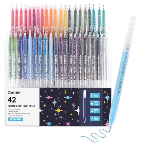 Grabie Set of 42 Color Glitter Gel Pens, 1.0 mm Fine Tip Art Pens | Brilliant Glitter Effects, Consistent Ink Flow, Comfortable Grip, Creative Lettering, Smooth Writing, Ideal For Coloring - color: 42 Colors Capped Glitter Gel Ink Pens