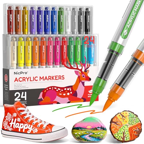 Nicpro 24 Colors Acrylic Paint Markers Brush Tip, Water-Based No-Bleed | Paint Markers with Automatic Ink Control, Waterproof Acrylic Paint Pens for DIY Art & Crafts-Eggs, Rock, Wood, Glass, Fabric - size: 1 Count (Pack of 24)
