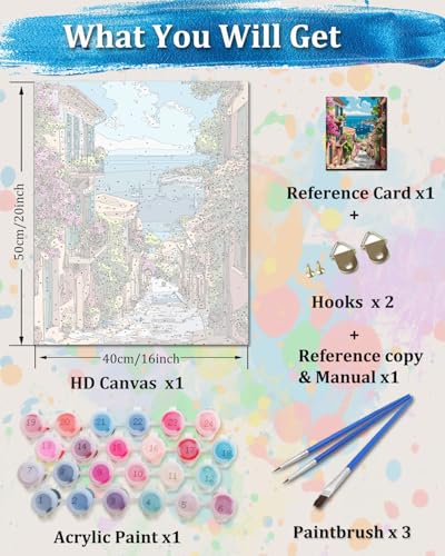 TOCARE Mediterranean Paint by Numbers Kit for Adults Beginner, Greece Paint by Number Canvas Kit, Acrylic Adults' Paint-by-Number Kits Landscape 16x20inch (Without Framed) - color: TC-OPC-358