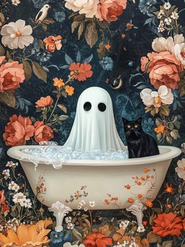 RYMILIE Halloween Diamond Art Kits for Adults Bathtub Ghost 12x16inch | 5D Flowers Diamond Painting Kit for Beginners, DIY Full Round Drill Black Cat Gem Art Crafts for Home Wall Decor Gift - color: DP00940