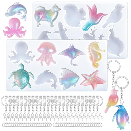 16 Style Marine Terrestrial Amphibious Animals Keychain Epoxy Mold | 24 Pcs Key Ring Accessory, Silicone Mold Keychain Making Mold for Epoxy Resin Casting Craft DIY Pendants Ornaments Gift - color: Animals white