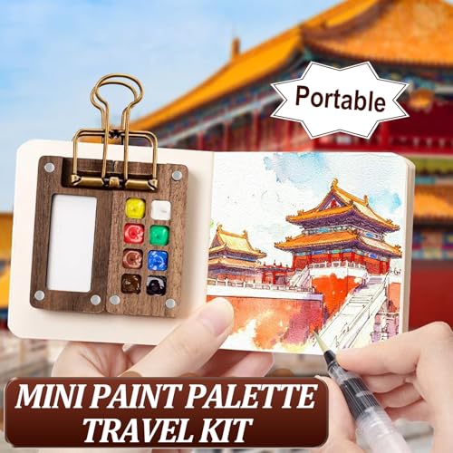 Mini Watercolor Paint Kit, New Portable Watercolor Paint Travel Set, 12 Color Pocket Artist Watercolour Travel Sets, Wooden Grid Paint Box for Painters Artists Students (8 Grids)