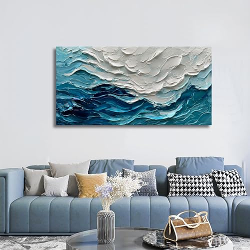Art 24x48 inch Hand-Painted Blue Ocean Landscape Oil Painting Large Abstract Canvas Art Home Wall Decoration - color: Dn165