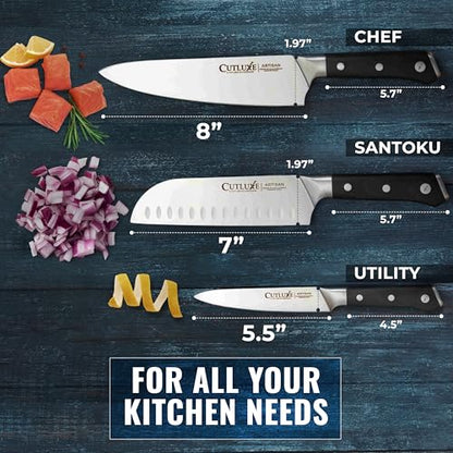 Cutluxe Chef Knife Set, 3-Piece Kitchen Knives – Razor Sharp German Steel | Professional Full Tang Blades with Ergonomic Handles – Artisan Series, Forged High Carbon - size: 3 Pcs Knife Set