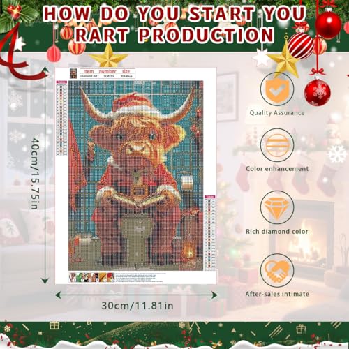 Ohhvvow Diamond Painting Kit - Highland Cow Christmas Toilet Reader, Whimsical Bathroom Art, 5D Full Drill Round Diamonds & Tools, Holiday DIY Craft Gift for Women Men - color: Cow on the toilet