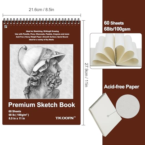 TKOOFN 5 Pack 8.5" x 11" SketchBooks Bulk,Top Spiral Bound Sketchbook | 60 Sheet Each,600 Sheets total,68lb/100gsm thick,Acid-Free,Sketch Drawing Paper Pad for Adult Kids Artists Beginners - color: 5 Pack, size: 8.5" x 11"