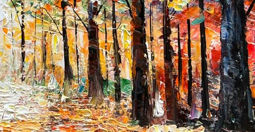 Art Hand Painted Red Maple Forest Landscape Oil Painting Modern Abstract Art Home Wall Deco Art 24x48 inches - color: Dn183