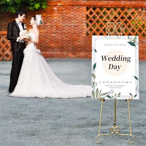 Metal Large Free Standing Adjustable Display Stand Scroll Easel with Chain Support, Gold Easel Stand for Sign, Heavy Duty Easel for Mirror, Wedding, Picture Frame (No Installation Required) - style: Scroll-Gold