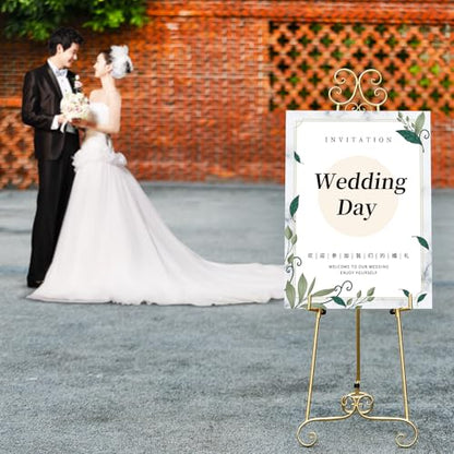 Metal Large Free Standing Adjustable Display Stand Scroll Easel with Chain Support, Gold Easel Stand for Sign, Heavy Duty Easel for Mirror, Wedding, Picture Frame (No Installation Required) - style: Scroll-Gold