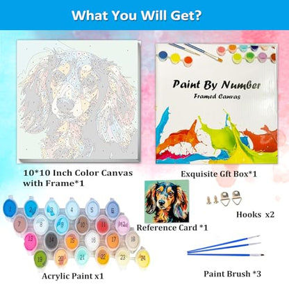 Artunion Framed Paint by Numbers Kit for Adults Beginners & Kids Ages 8-12,Colorful Dachshund Dog Paint by Number with Frame,Dog Animal Paint by Numbers Kit on Canvas 10 * 10 Inch Without Easel - color: ZXT-264-F