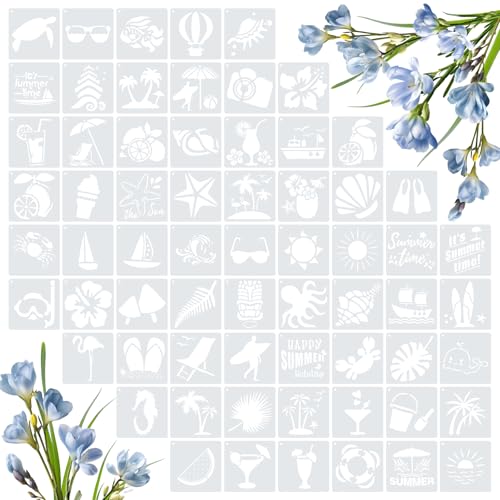 Amrules 65 Pcs Painting Stencils, Hawaii Theme, 4 x 4 Inch | Plastic, Drawing Templates Set for Crafts, Reusable DIY Art Stencil, For Wood, Walls, Cards, Fabrics, Rocks, Home Decoration - style: Hawaii