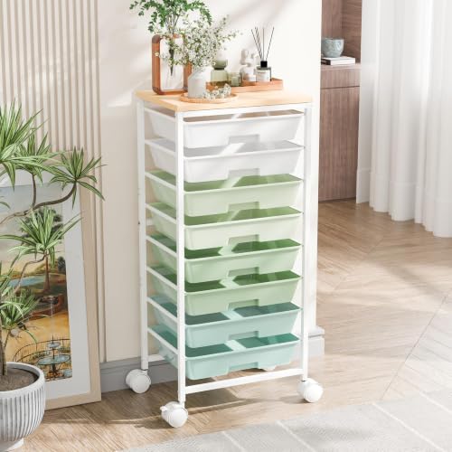 Ekisemio Utility Cart Organizers with Wheels and 8 Drawers, Little Rolling Craft Cart with Wooden Tabletop for Classroom, Office, Living Room, Craft Room, Green