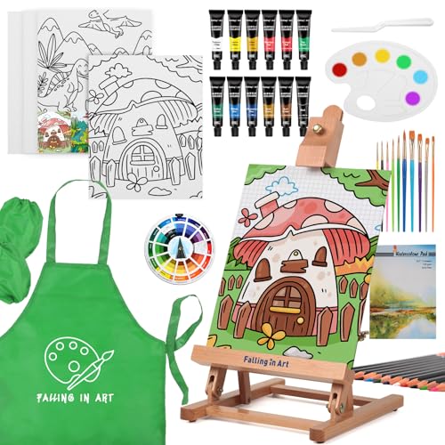 52 Pcs Kids Acrylic Paint Set with Table Easel, Green | Art Painting Kit with Paints, Canvas Panels, Paintbrushes, Canvas Supplies Kit for Kids, Adults, Beginners, and Artists - color: Green