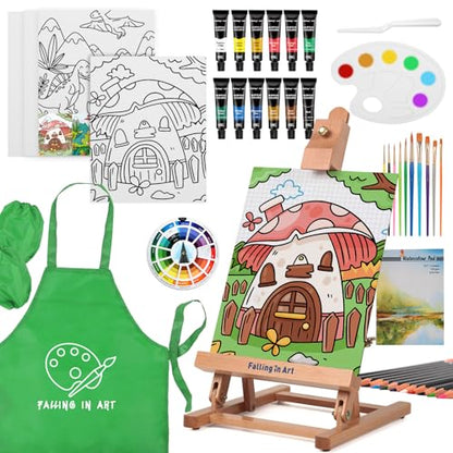 52 Pcs Kids Acrylic Paint Set with Table Easel, Green | Art Painting Kit with Paints, Canvas Panels, Paintbrushes, Canvas Supplies Kit for Kids, Adults, Beginners, and Artists - color: Green