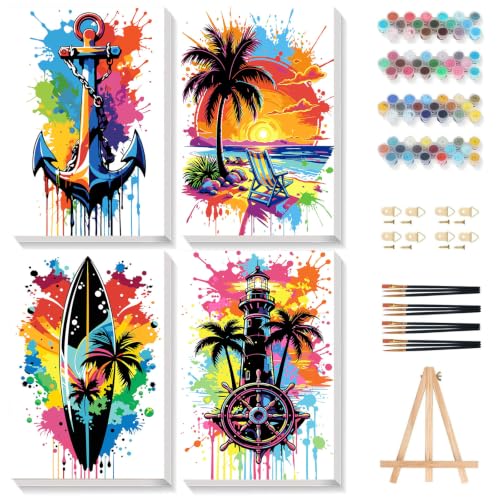 Gemozaic 4-Pack Beach Paint by Numbers Kit for Adults with Frame & Easel - color: BKH2799-BKH2802