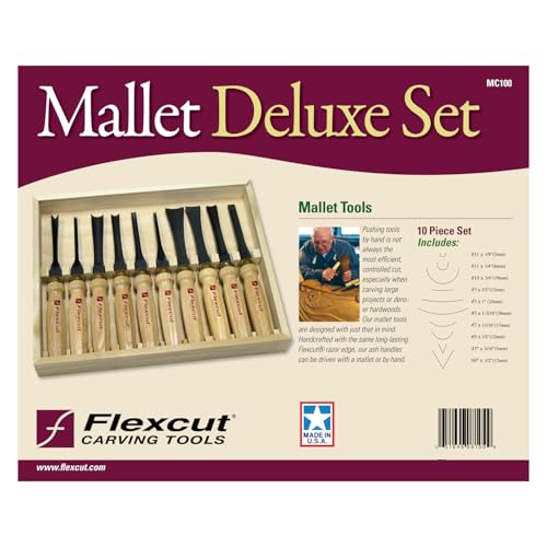 Flexcut Wood Carving Tools | Mallet Deluxe Set | 10-Piece Wood Carving Tools Set | 1095 High Carbon Steel Blades | Ash Hardwood Handles | MC100 | Made in the U.S.A. - size: 10-Piece Deluxe Mallet Set