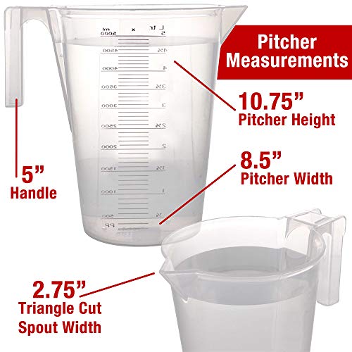 TCP Global 5 Liter (5000ml) Gallon Plastic Graduated Measuring and Mixing Pitcher (Pack of 3) - Holds 5 Quarts 1.25 Gallons- Pouring Cup, Measure & Mix Paint, Resin, Epoxy, Kitchen Cooking Baking - size: 5000ml
