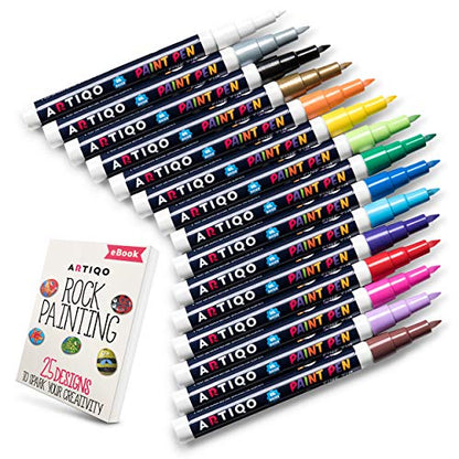 Fine Tip Paint pens for Rock Painting - Wood, Glass, Metal and Ceramic Works on Almost All Surfaces Set of 15 Vibrant oil based fine point paint markers, Quick Dry, Water Resistant