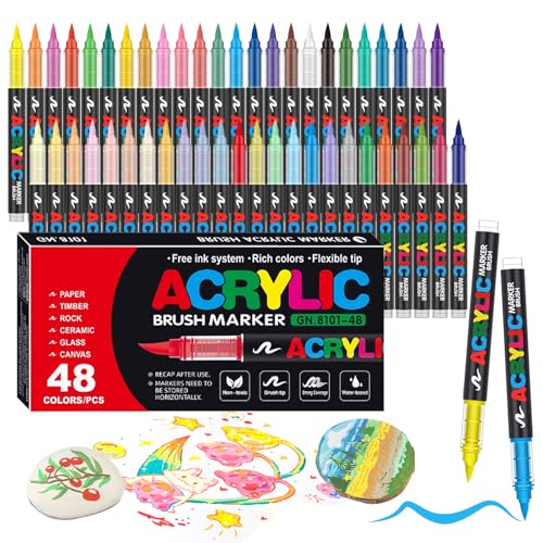 48 Colors Soft Brush Tip Acrylic Markers Set, Paint Pens for Rock, Wood, Fabric, Canvas, Glass, DIY Crafts, Waterproof Paint Markers, Vibrant Acrylic Pens for Artists and Art Projects - color: 48 colors
