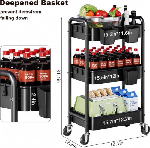 3 Tier Black Heavy Duty Rolling Cart on Wheels, Metal Utility Storage Shelves with Hanging Cup, Three Tiered Craft Carts Organizer, Shelf Cart for Bedside, Kitchen, Art, Snack, Pantry, Laundry Supply - color: Black, size: 3 Tier