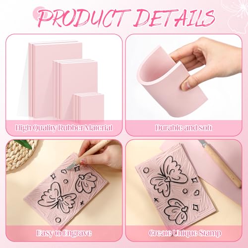 MotiMind 8 Pcs 3 Sizes Linoleum Blocks for Printmaking, Pink Rubber Stamp Carving Blocks, Soft Rubber Carved Bricks for DIY Printmaking Stamps Making and Craft Projects - size: 3 Sizes