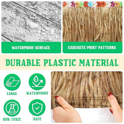 Kochorie 2 Pack Hawaii Luau Grass Tablecloth 54 x 108 Inches Waterproof Plastic Hawaiian Brown Grass Table Skirt with Raffia Libiscus Flowers Table Cover for Summer Tropical Party Decorations - style: Hawaii Luau Grass