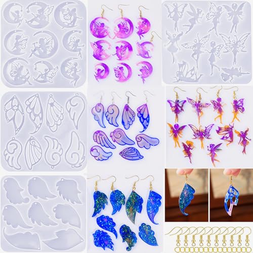 104Pcs Geometric Resin Earring Molds Kit, Wing Angel Shaped Earrings Silicone Mold for Epoxy Resin Dangle Drop Jewelry Molds Making Kit with 100 Earring Hook for Earrings Necklace Pendants (Wing) - color: Wing