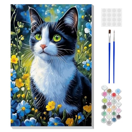 DOMROM Framed Paint by Numbers Kit for Adults Beginners, Animal Cat Paint by Number Kit on Canvas, DIY Oil Painting Kits for Home Wall Decor Gift 20x30cm - color: XBKT111