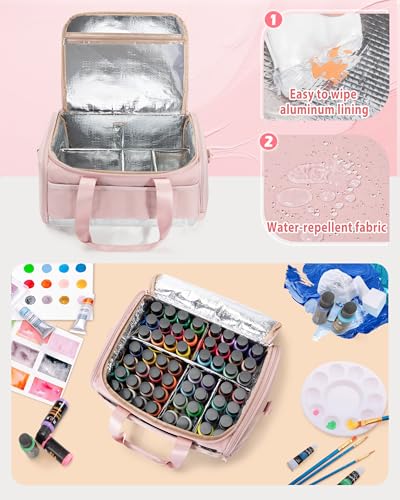 Marscamd Acrylic Paint Organizer Holds 60 Bottles (2 oz), Acrylic Paint Bag | with Tools Storage Sections & Crossbody Strap, Water-repellent fabric, Aluminum-lining, Pink - color: Pink