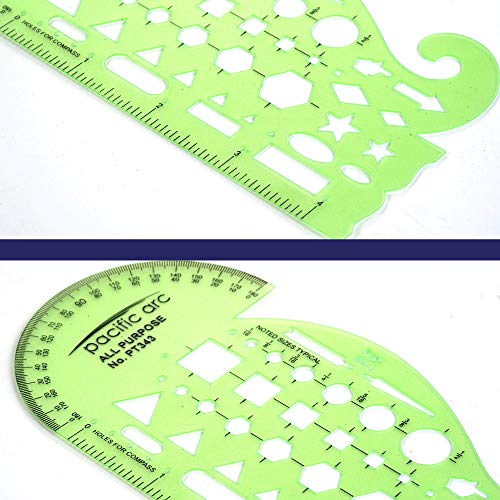 Pacific Arc All Purpose Template Guide, Featuring A Protractor, 4 Inch Ruler, French Curves, and Standard Shapes - style: All Purpose