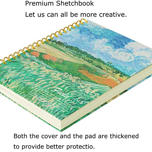 Van Gogh Aesthetic Art Mixed Media Sketchbook,A4 Spiral-Bound SketchbookMarker Paper Pad, 80 Pages of Premium 200 GSM Smooth Thick Paper, Mixed Media Sketch Book Drawing and Sketching for Kids Adults - color: Green Wheat Fields A4