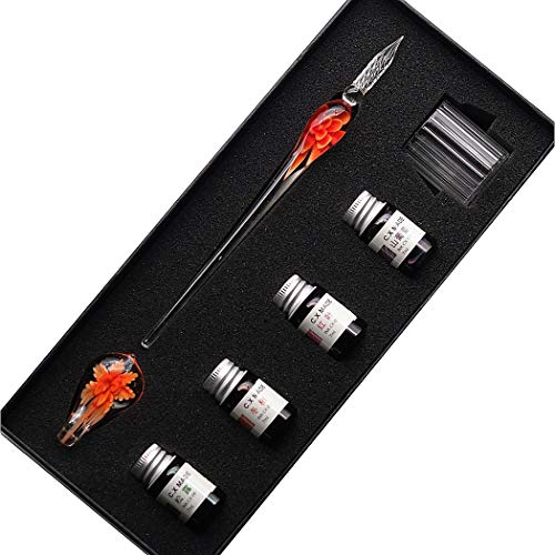 Crystal Glass Intarsia Dip Pen Fountain Pen Kit Vintage Calligraphy Signatures Pen with 4 Colors Ink, Pen Holder, Cleaning Cup, Orange - color: orange