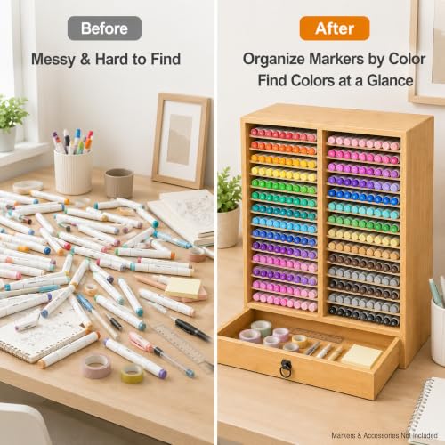 280 Marker Organizer, Bamboo Wooden Storage for Alcohol Markers Pens Pencils, No Assembly, Large Desk Holder for Artists Teachers Students, Classroom Office Art Supply (B With Drawer) - style: B With Drawer