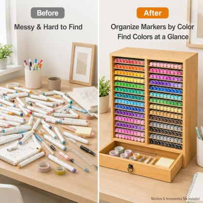280 Marker Organizer, Bamboo Wooden Storage for Alcohol Markers Pens Pencils, No Assembly, Large Desk Holder for Artists Teachers Students, Classroom Office Art Supply (B With Drawer) - style: B With Drawer