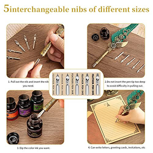 NC Quill Pen and Ink Set, Feather Calligraphy Pen Set, Wax Seal Stamp Set, Valentine's Day Gift for Writing Lovers, Various Holiday Ideal Gift (Green) - color: Green
