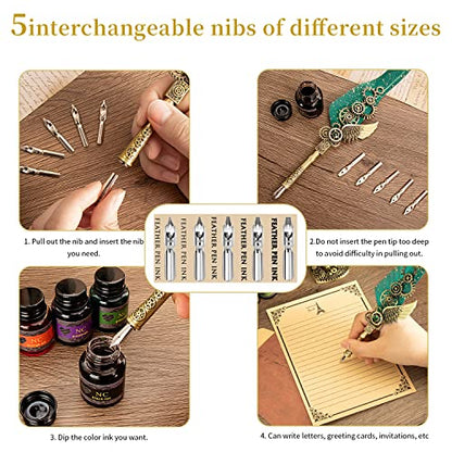 NC Quill Pen and Ink Set, Feather Calligraphy Pen Set, Wax Seal Stamp Set, Valentine's Day Gift for Writing Lovers, Various Holiday Ideal Gift (Green) - color: Green