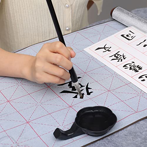 MEGREZ Reusable Water Writing Calligraphy Cloth Set No Ink Practice Kit | 32 grids, 4pcs set, brush pen & water dish, copy template, multi color options, mess-free, calligraphy practice - color: Silver