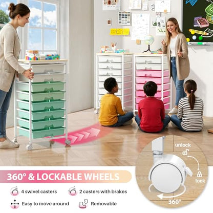 Goovilla Rolling Cart with 8 Drawers for Art, Dorm, Office, Craft, Pink | Utility Cart Organizer With 8 Removable Drawers and Wooden Tabletop, Lockable Rolling Storage Organizer for Classroom, Home - size: Pink
